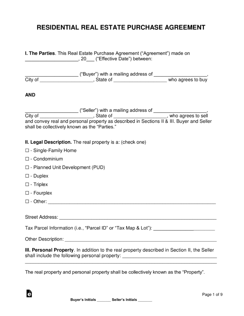 Free Residential Real Estate Purchase Agreements - Word | Pdf - Free Printable Real Estate Contracts