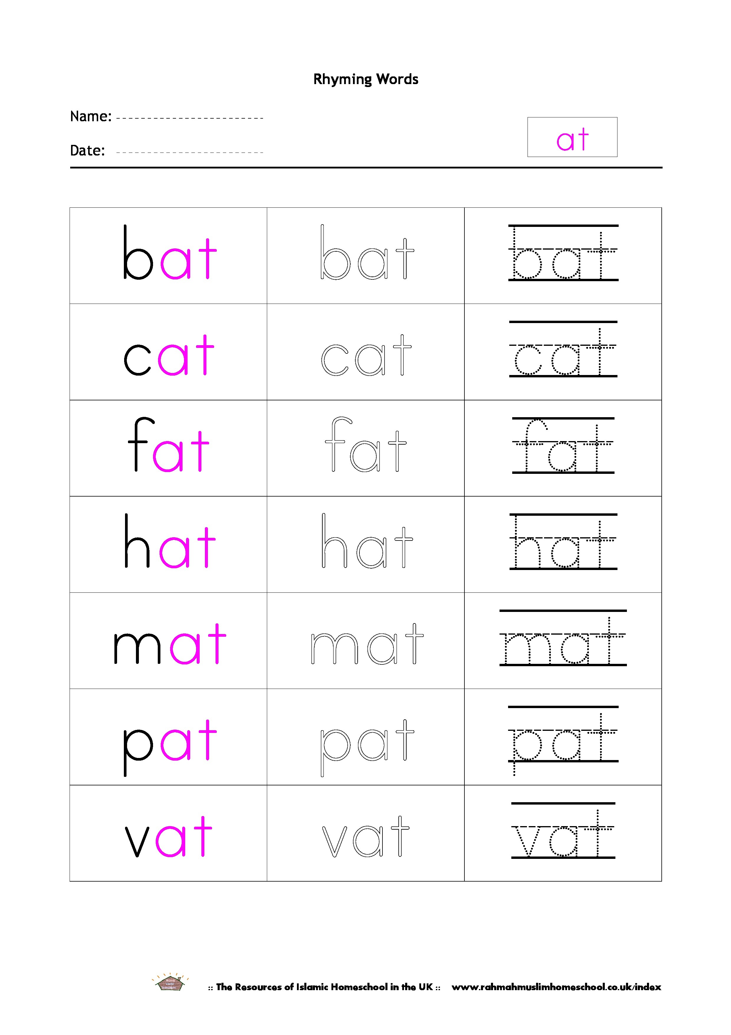 Free Rhyming Words Worksheet “At” | The Resources Of Islamic - Free Printable Rhyming Words