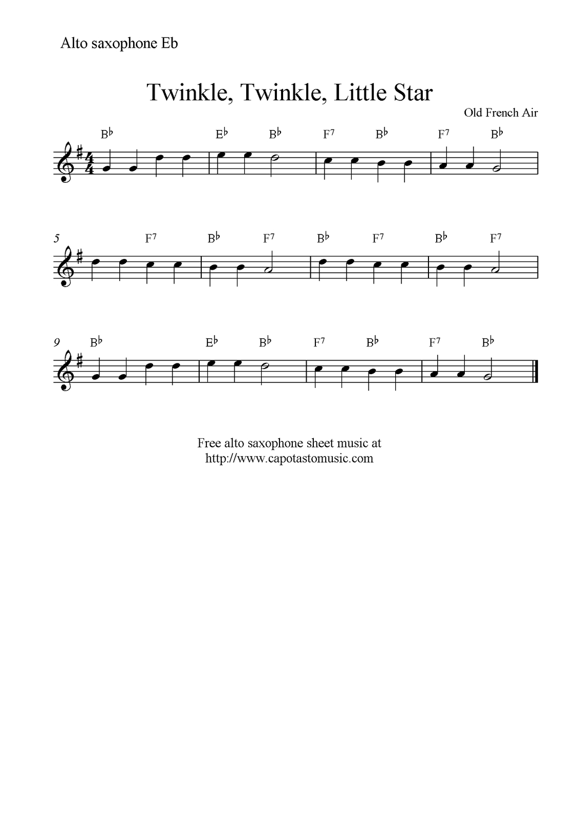 Free Sheet Music Scores: Twinkle, Twinkle, Little Star, Free Alto - Free Printable Alto Saxophone Sheet Music