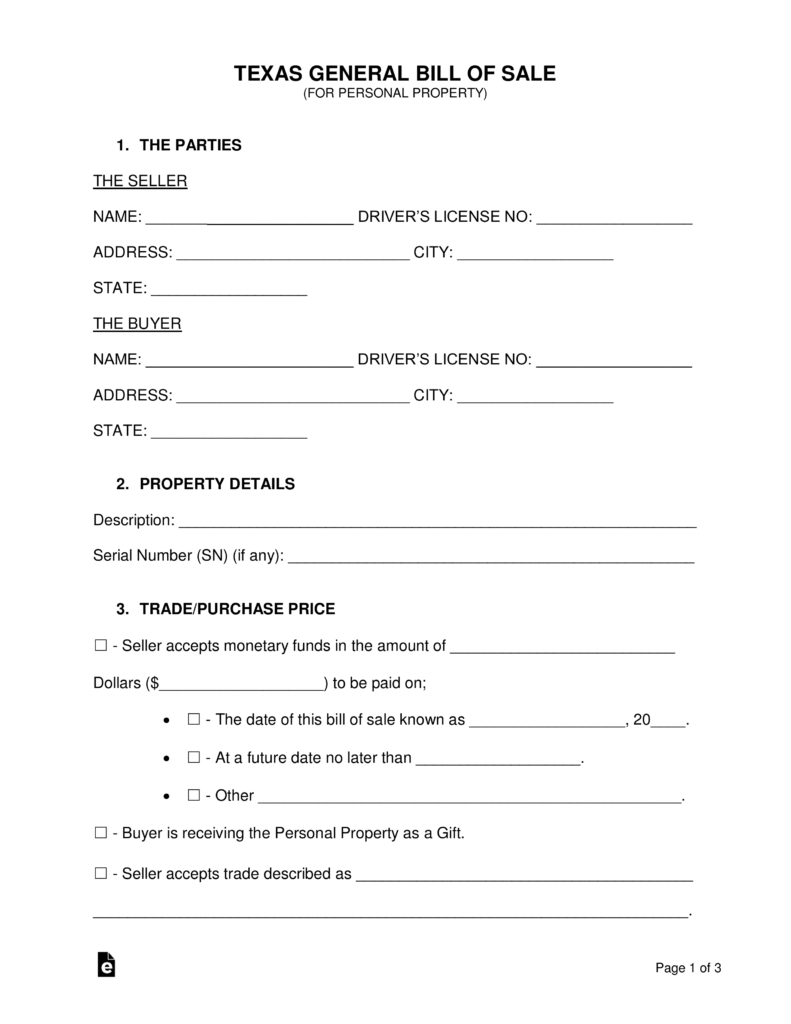 Texas Vehicle Bill Of Sale Form