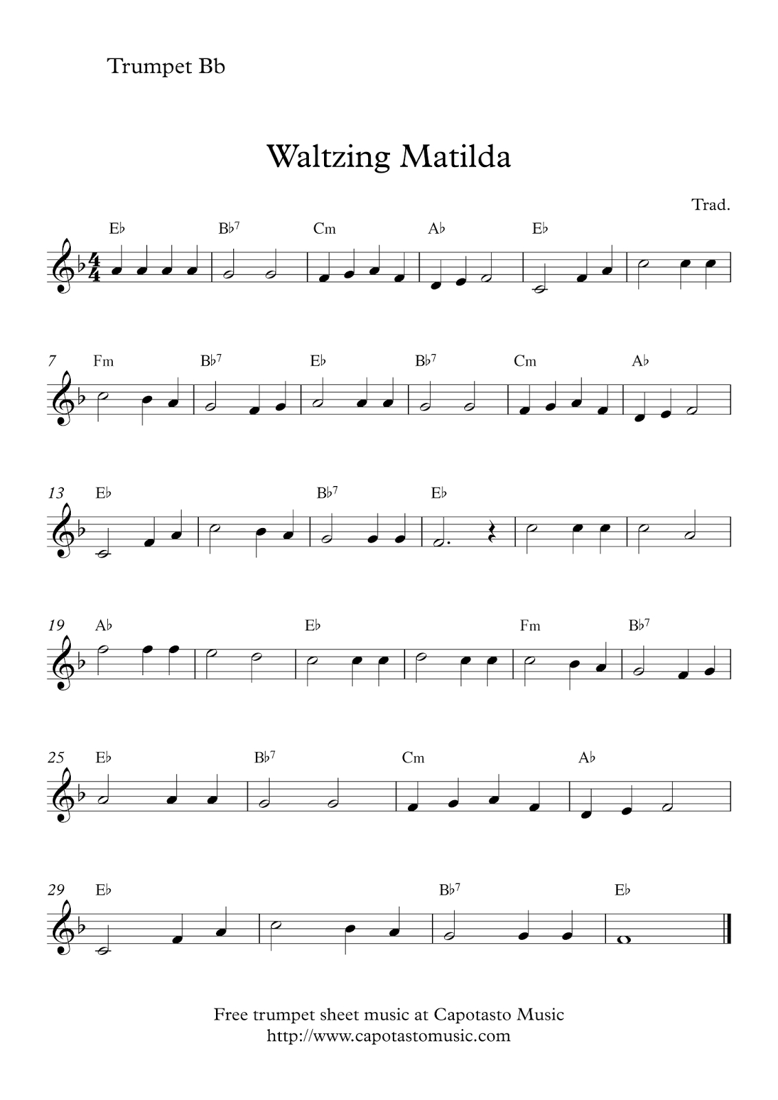 Free Trumpet Sheet Music | Waltzing Matilda - Free Printable Sheet Music For Trumpet