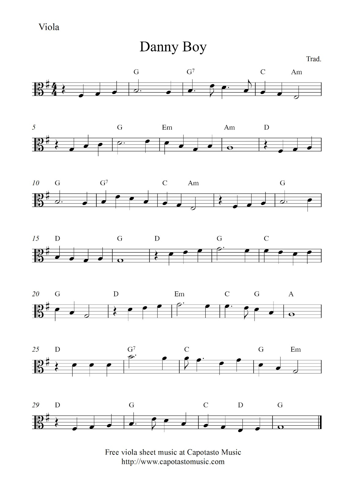 Free Viola Sheet Music Score, Danny Boy - Viola Sheet Music Free Printable