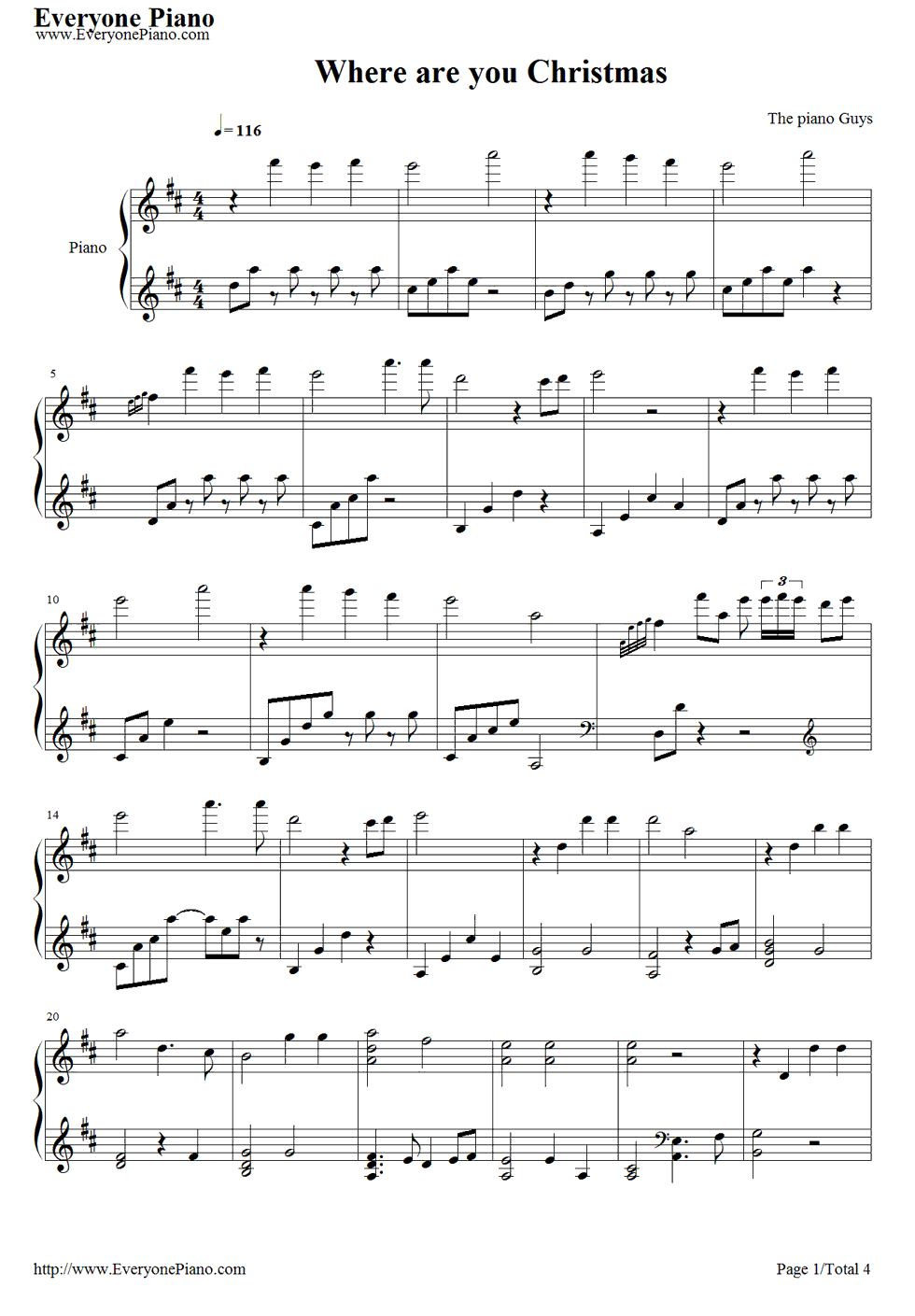 Free Where Are You Christmas-The Piano Guys Sheet Music Preview 1 - Free Printable Christmas Music Sheets Piano
