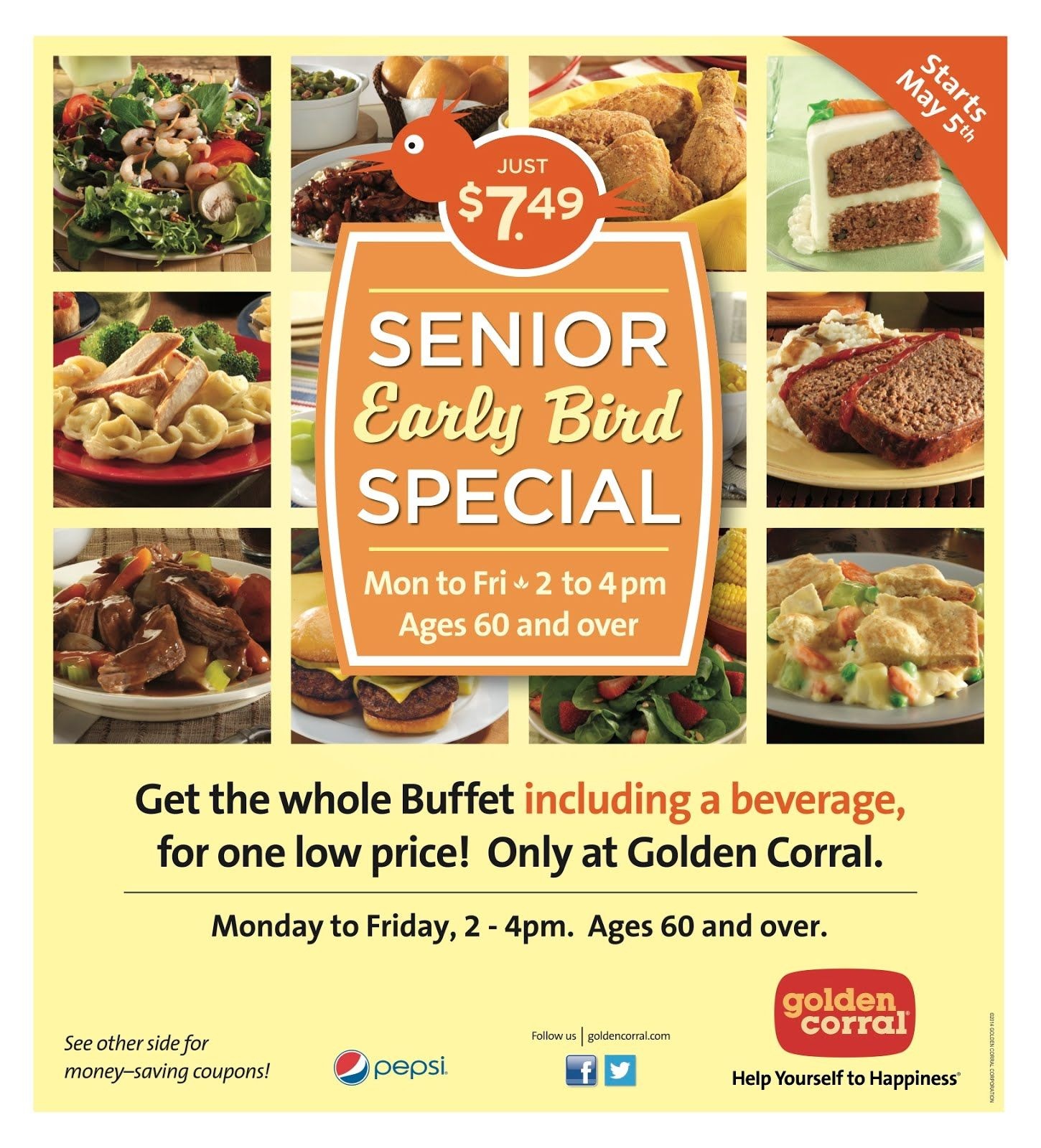 Golden Corral Senior Early Bird Special, MF 24Pm, 60+, For 7.49