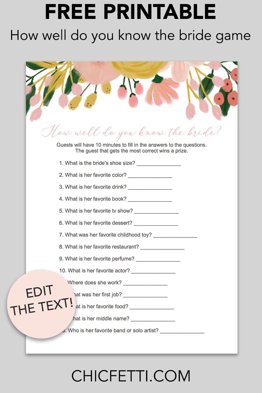 How Well Do You Know The Bride Bridal Shower Game (Whimsical - How Well Do You Know The Bride Game Free Printable