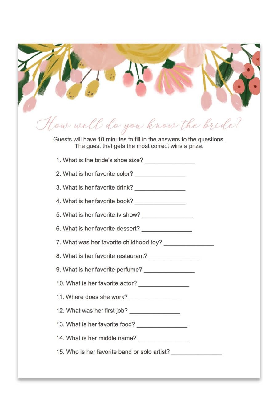 How Well Do You Know The Bride Bridal Shower Game (Whimsical - How Well Do You Know The Bride Game Free Printable