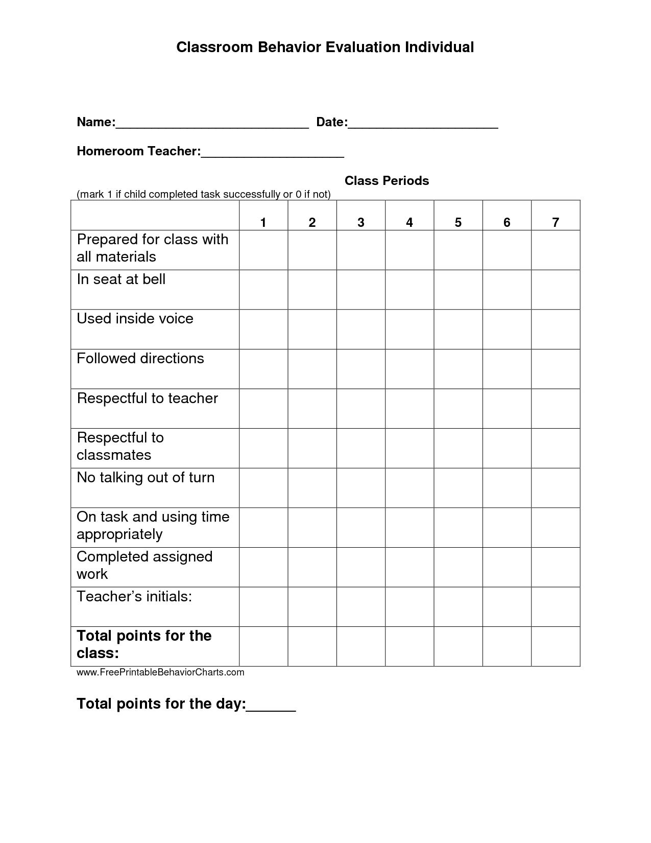 Individual Student Behavior Chart Printable | Printable Individual - Free Printable Charts For Classroom