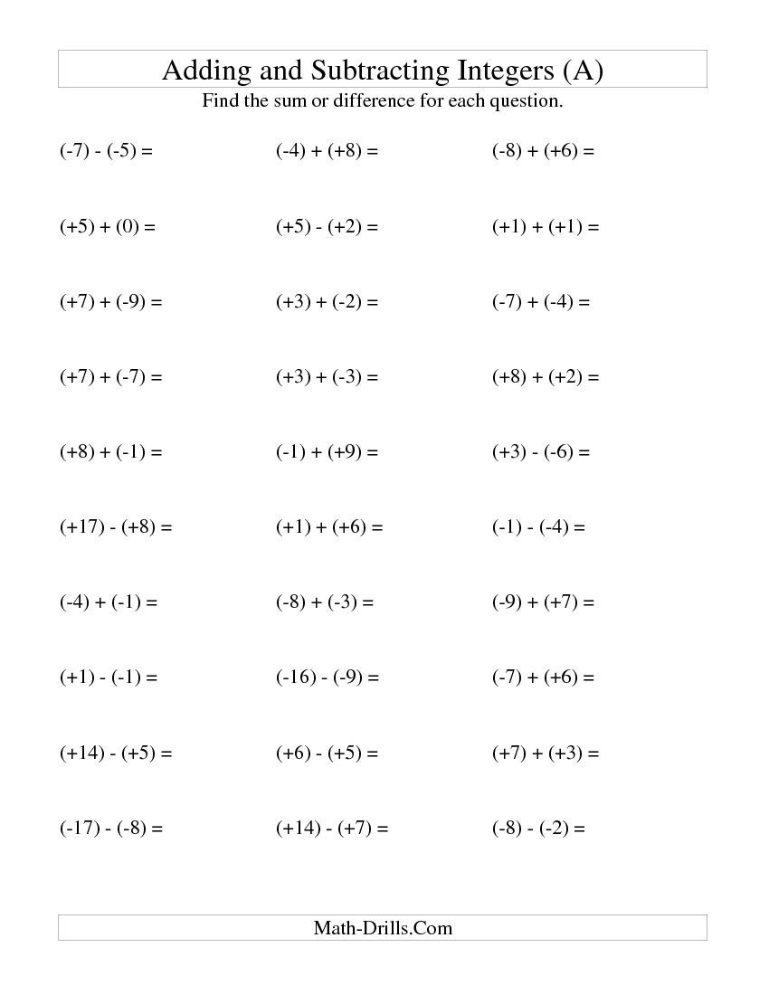 Adding And Subtracting Negative Numbers Worksheets Free Printable Integer Worksheets Grade 7