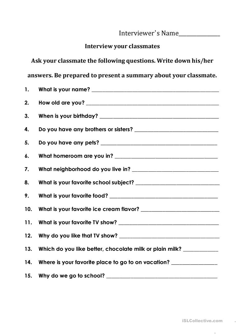 Interviewing Your Classmates Worksheet - Free Esl Printable - Free - Free Printable Worksheets For Highschool Students