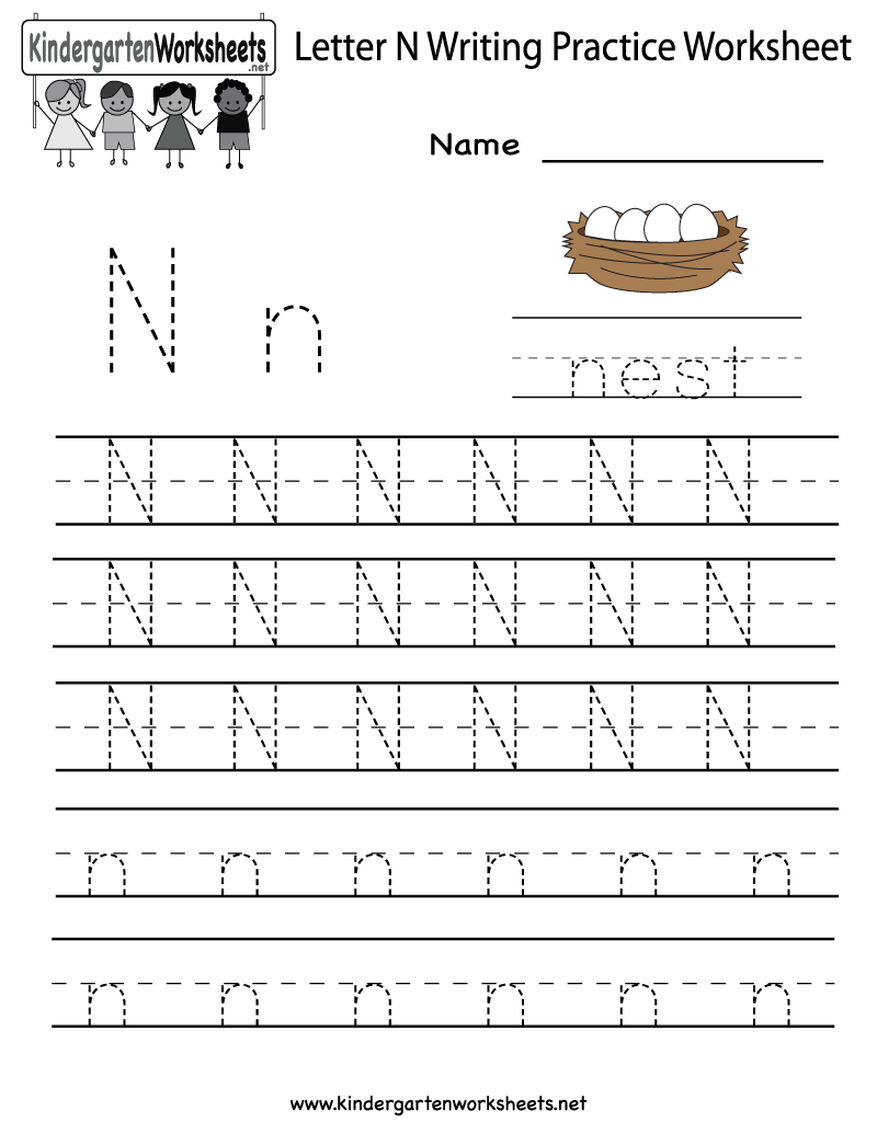 Kindergarten Letter N Writing Practice Worksheet Printable | Kids - Preschool Writing Worksheets Free Printable