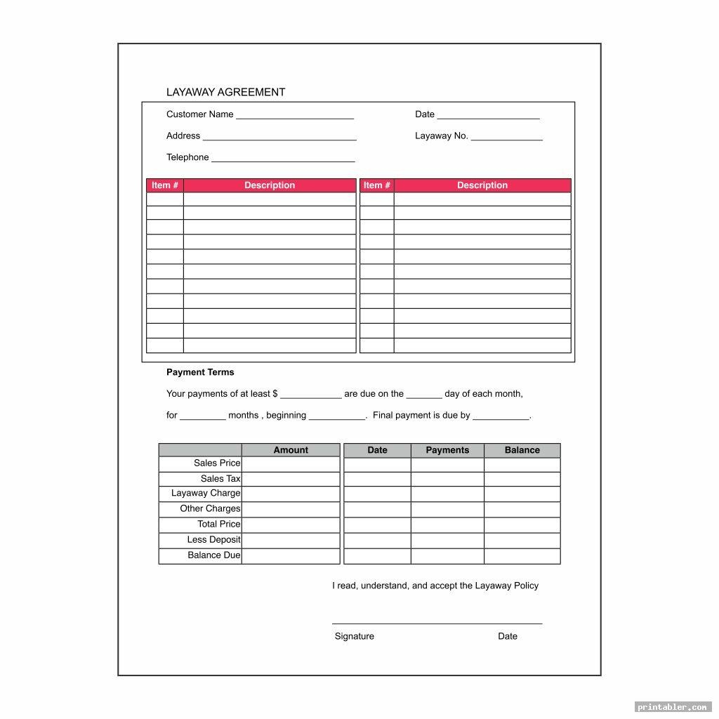 Layaway Agreement Form Printable - Printabler - Free Printable Layaway ...