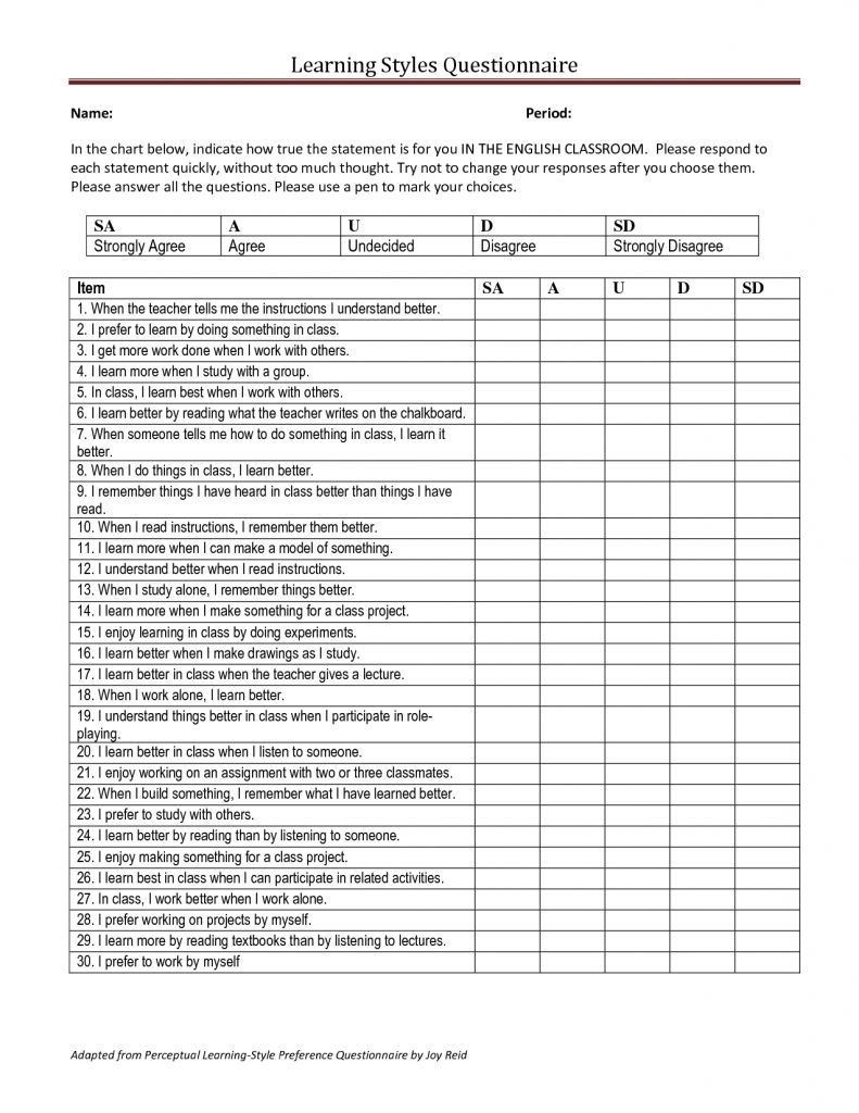 Learning Style Questionnaire Back To School Learning Styles Free 