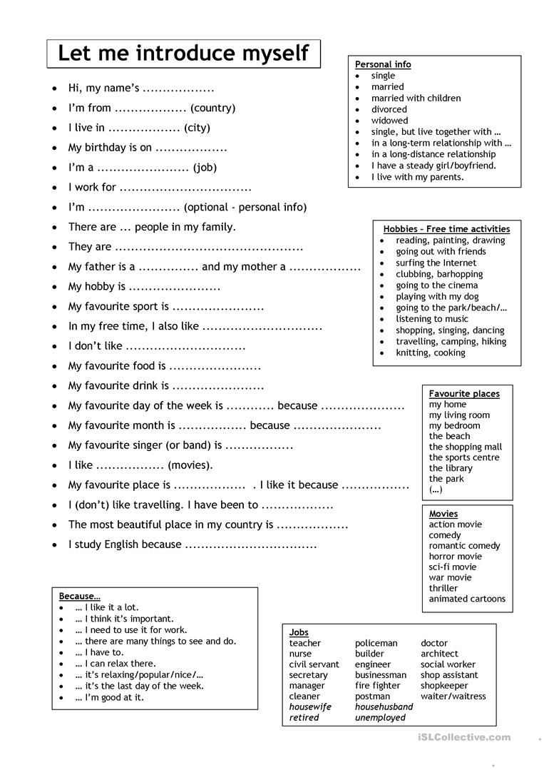 Let Me Introduce Myself (For Adults) Worksheet - Free Esl Printable - Free Printable Esl Worksheets For High School