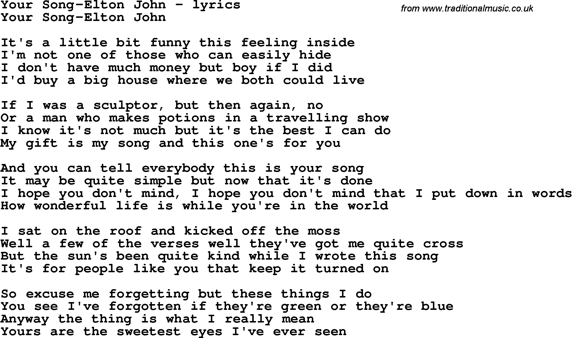 Love Song Lyrics For:your Song-Elton John - Free Printable Song Lyrics, Sou...