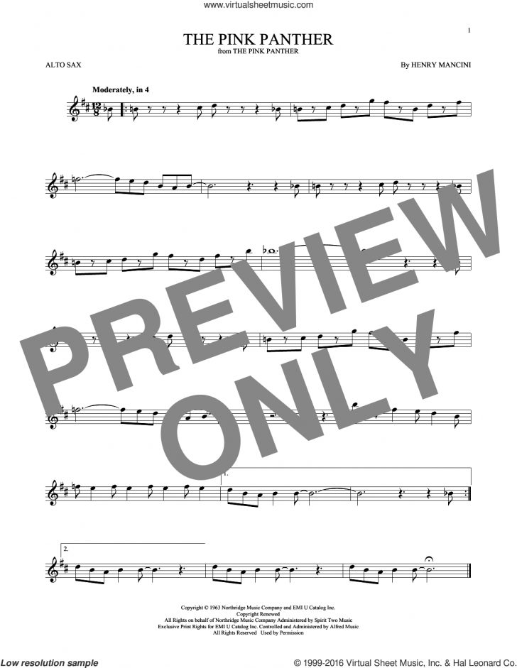 Free Printable Alto Saxophone Sheet Music Pink Panther