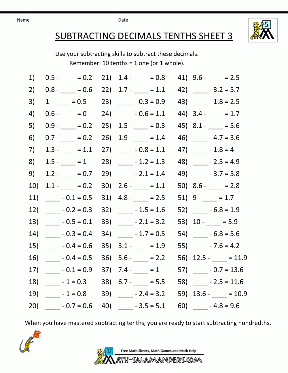 Math Worksheets Decimals Subtraction - Free Printable Math Sheets