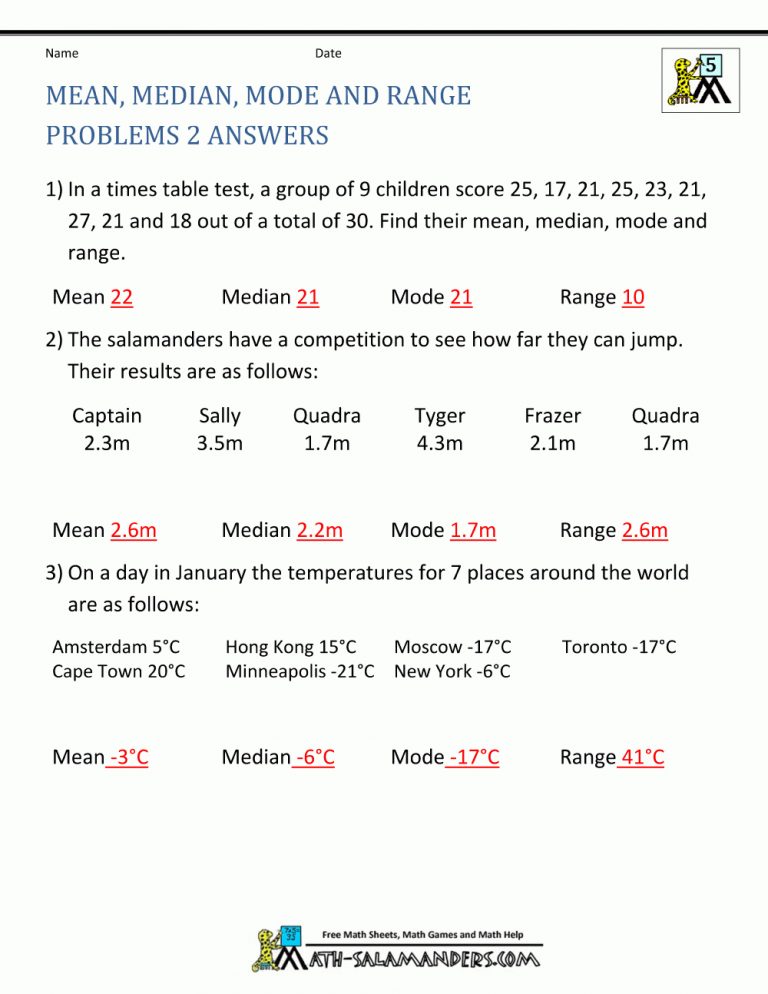 Mean Median Mode Range Worksheets - Free Printable Statistics ...