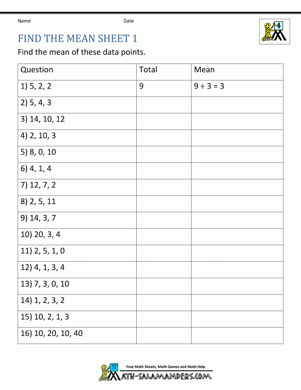 Mean Worksheets - Free Printable Statistics Worksheets