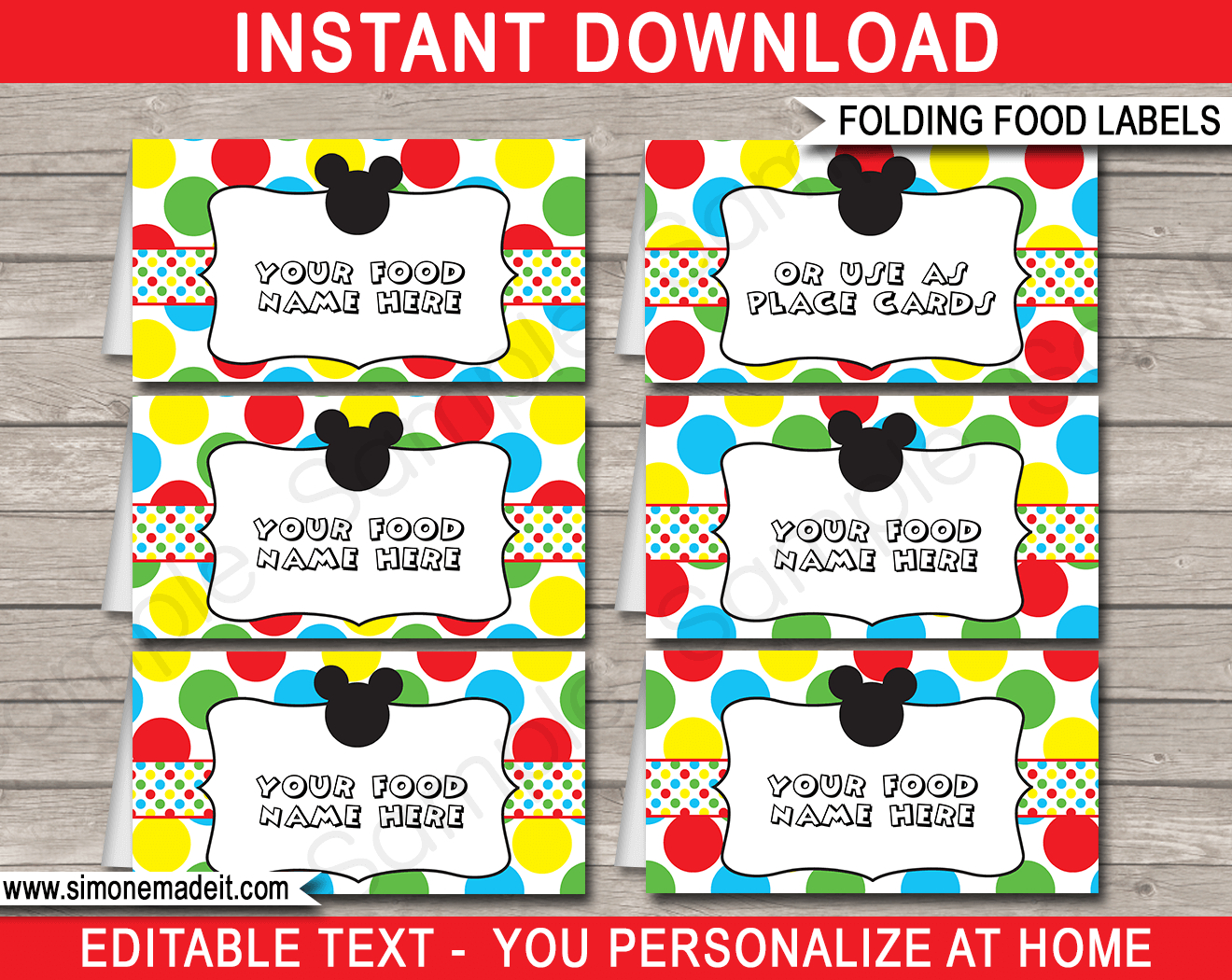 Mickey Mouse Party Food Labels | Place Cards | Mickey Mouse Theme - Free Printable Mickey Mouse Favor Tags