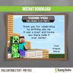 Minecraft Birthday Thank You Cards   Instant Download And Edit With   Free Printable Minecraft Thank You Notes
