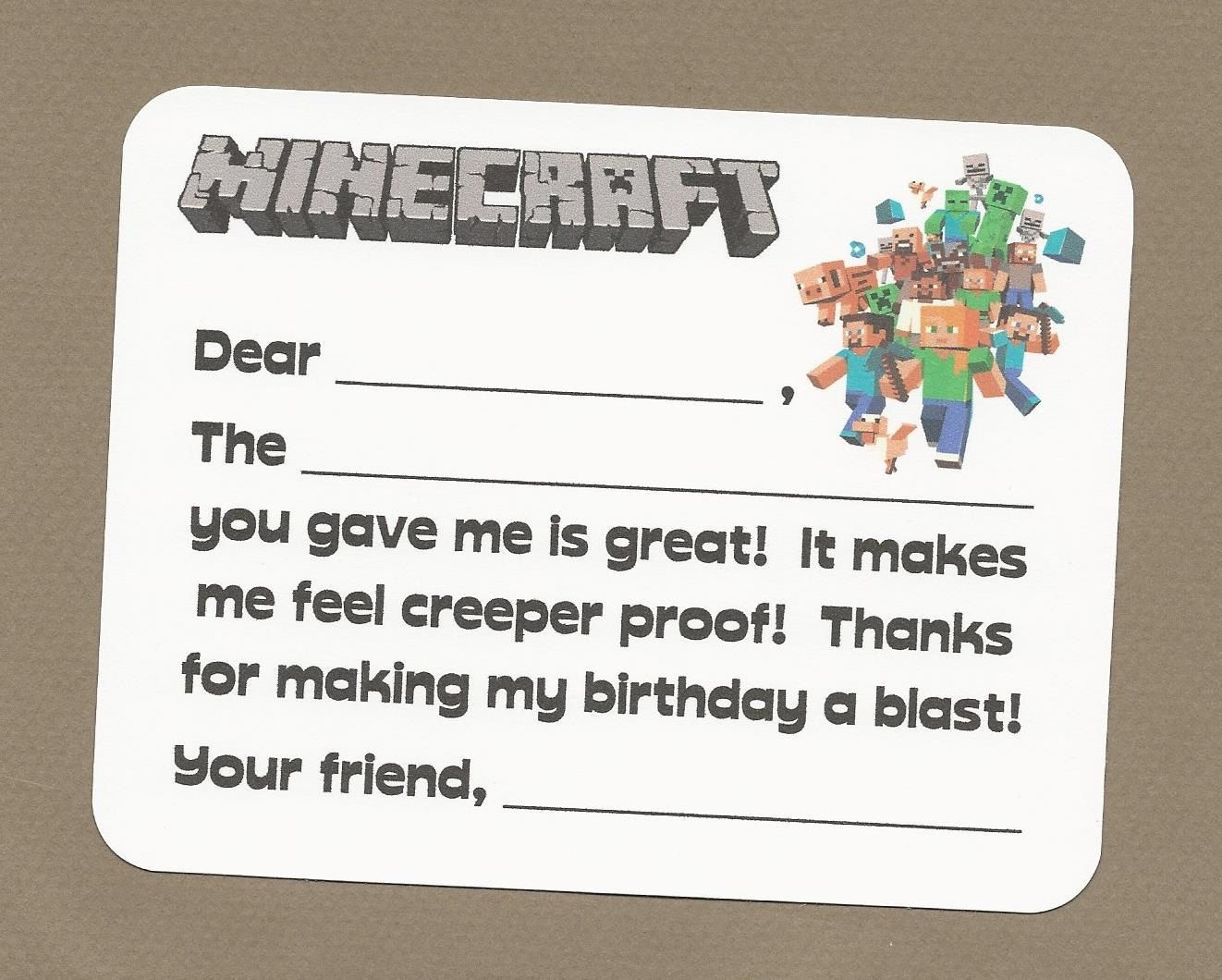 Minecraft Video Game Fill In The Blank Thank You Notes - Great For - Free Printable Minecraft Thank You Notes