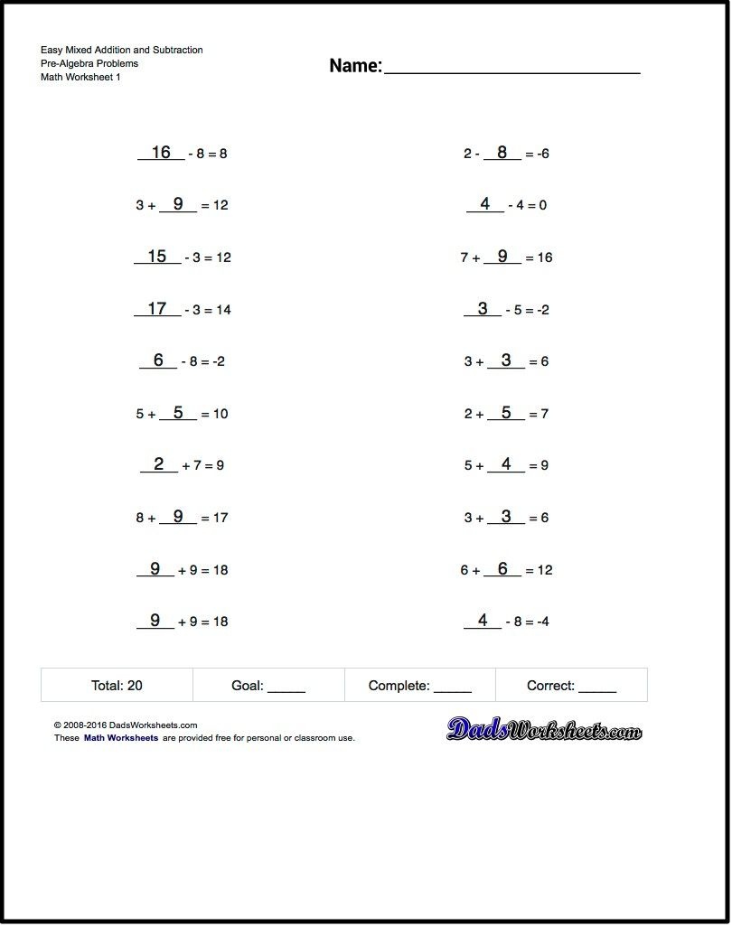 Mixed Addition Worksheet And Subtraction Worksheet Problems - Free Printable Algebra Worksheets With Answers