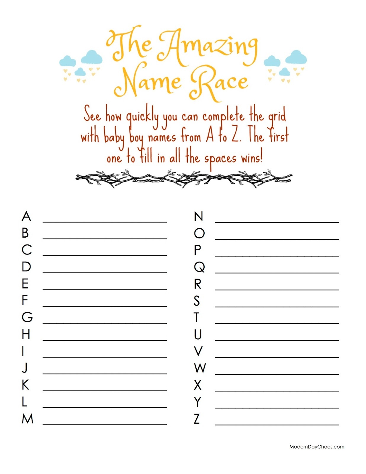 Modern Day Chaos: Free Printable - Baby Shower Game (Boy) - Baby Name Race Free Printable