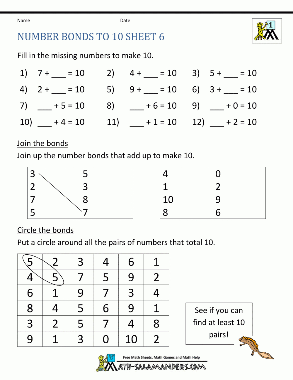 Number Bonds To 10 Worksheets - Free Printable Number Bond Template