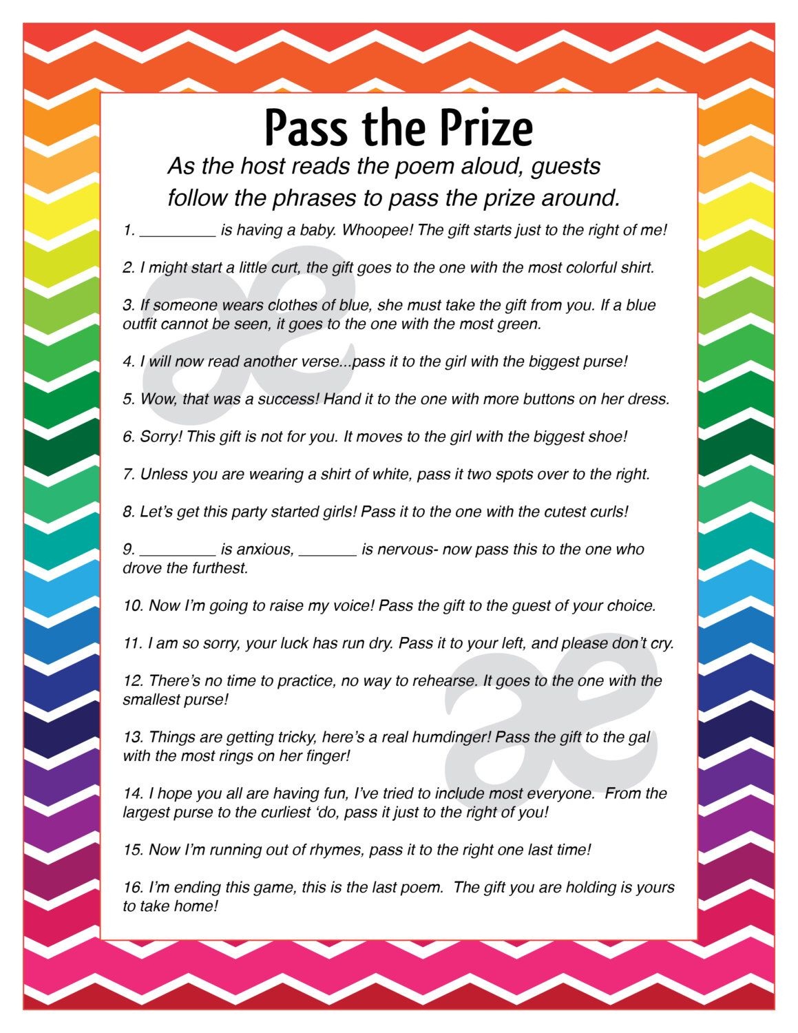 Printable Baby Shower Activity: Pass The Prize - Instant Download - Pass The Prize Baby Shower Game Free Printable