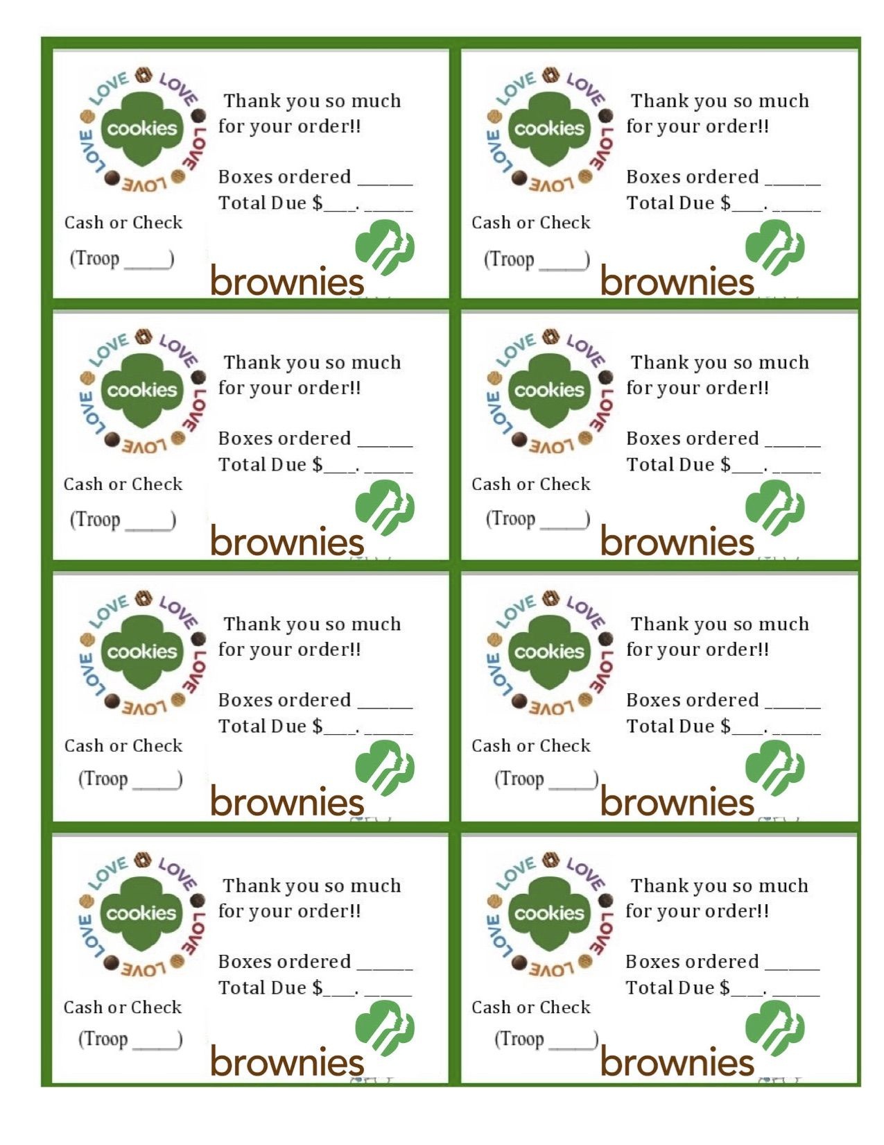 Printable Brownie Girl Scouts Cookie Sales Invoice And Thank You - Free Printable Eagle Scout Thank You Cards