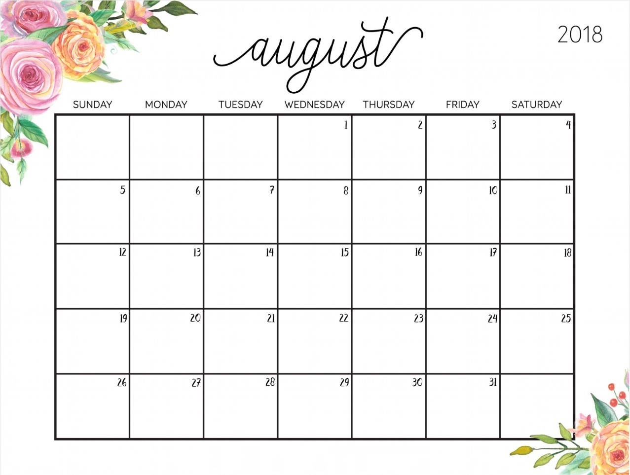 Printable Calendar For August 2018 - Free Printable Calendar, Blank - Free Printable Clipart For August