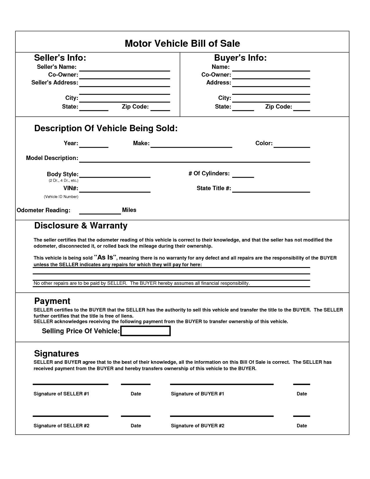 Printable Car Bill Of Sale Pdf | Bill Of Sale For Motor Vehicle - Free Printable Blank Auto Bill Of Sale