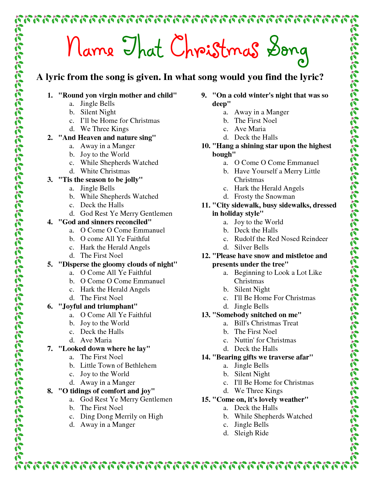 Printable Christmas Song Trivia | Games | Christmas Trivia Games - Free Printable Christmas Song Picture Game
