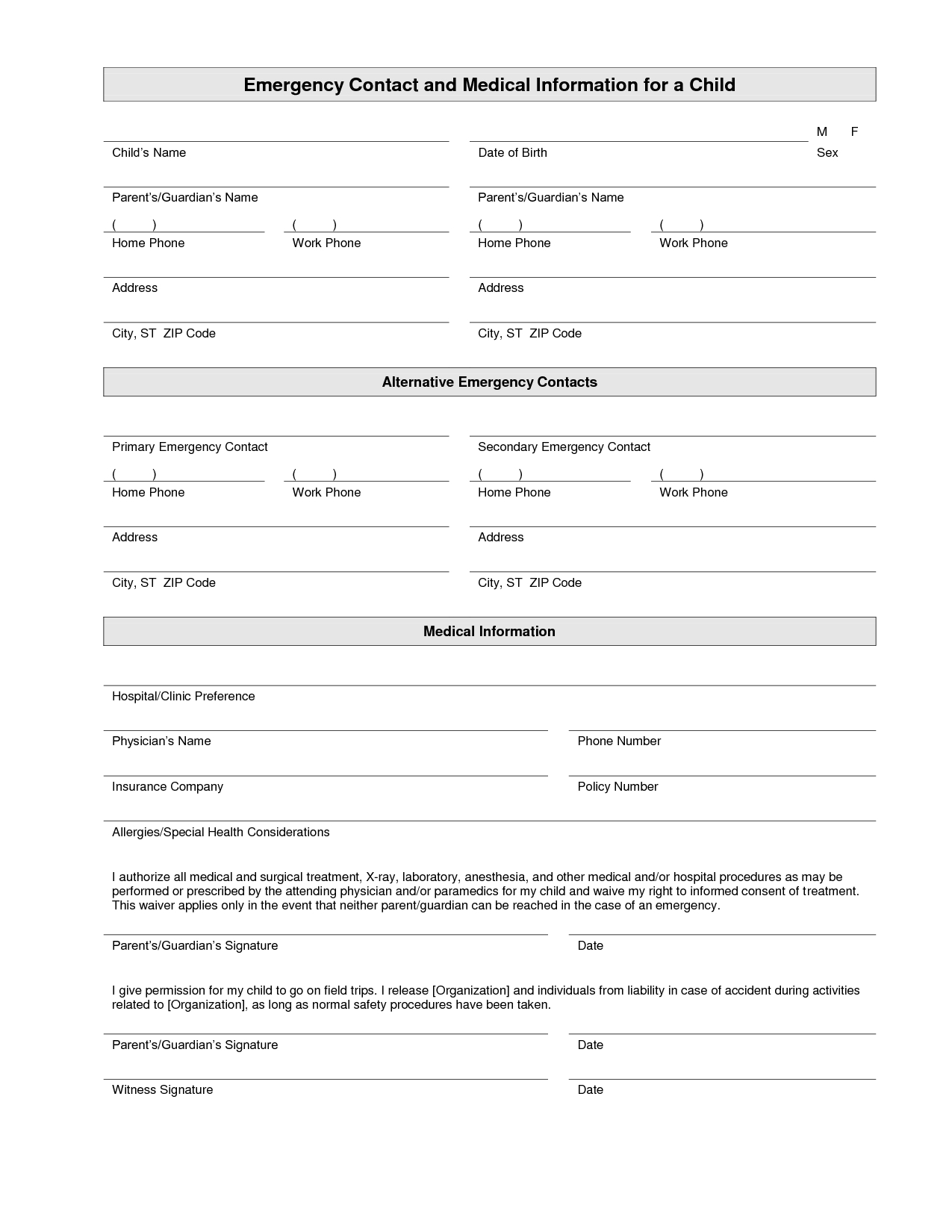 Printable Emergency Contact Form Template | Home Daycare | Emergency - Free Printable Medical Forms Kit