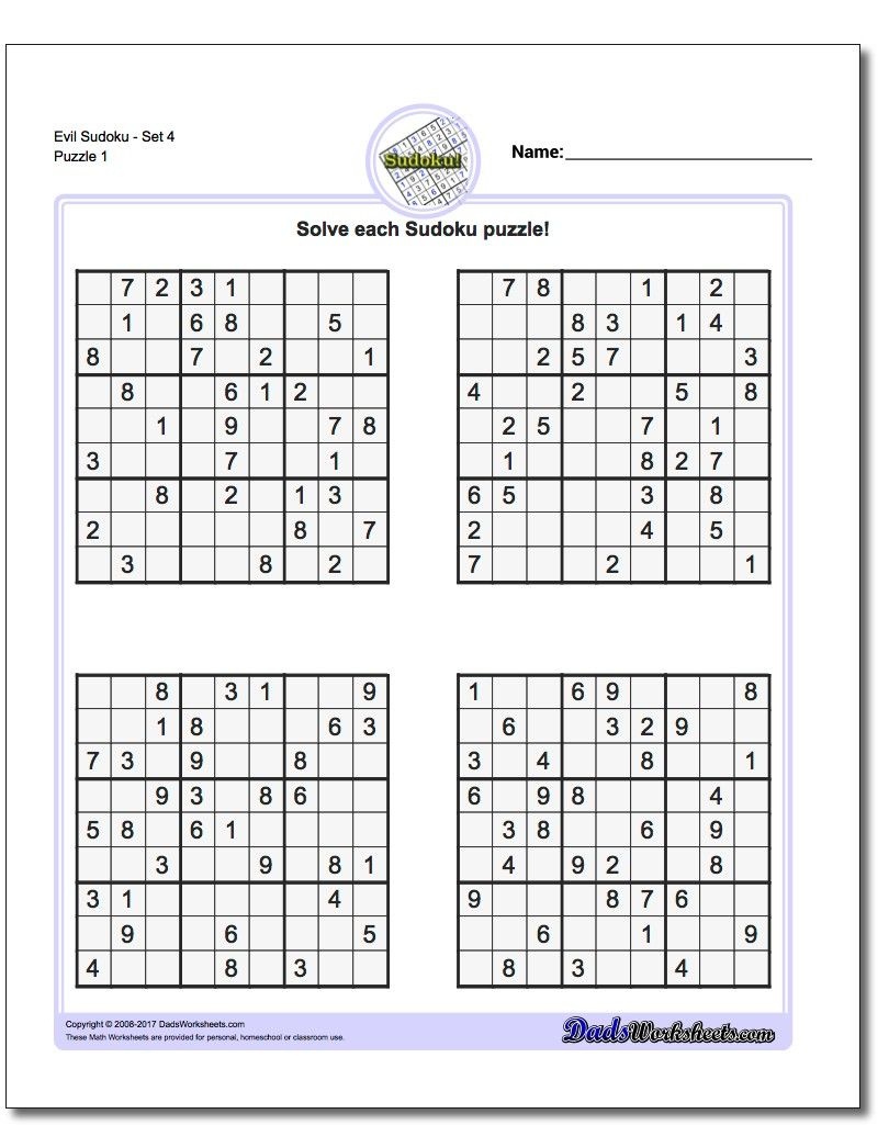 Printable Evil Sudoku Puzzles | Math Worksheets | Sudoku Puzzles - Free Printable Sudoku