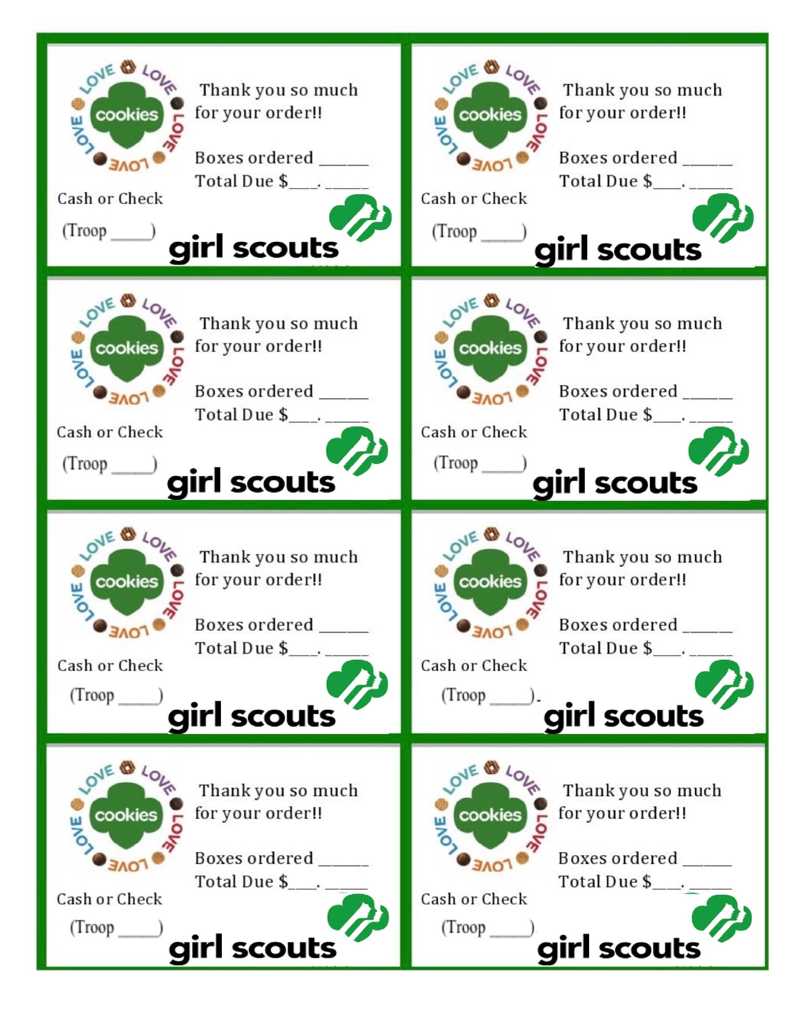 Printable Girl Scouts Cookie Sales Invoice And Thank You Card (8 Per - Free Printable Eagle Scout Thank You Cards