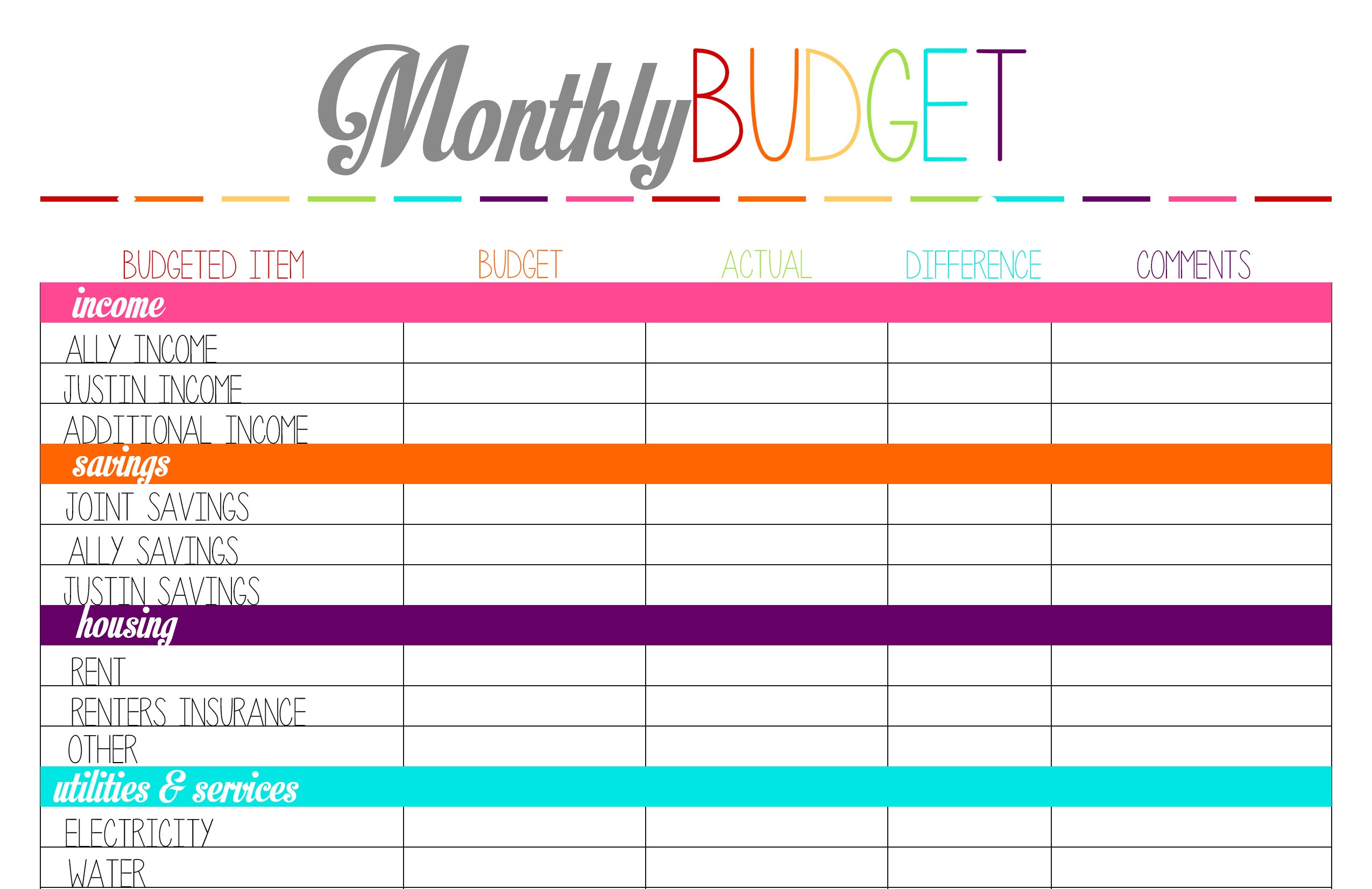 Printable Monthly Budget Forms - Kaza.psstech.co - Free Printable Budget Forms