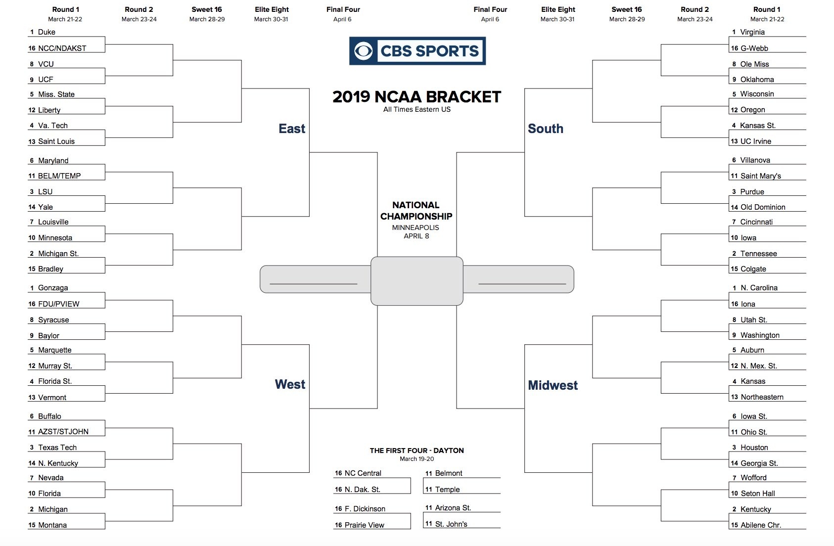 Printable Ncaa Tournament Bracket For March Madness 2019 - Free Printable Brackets Ncaa Basketball