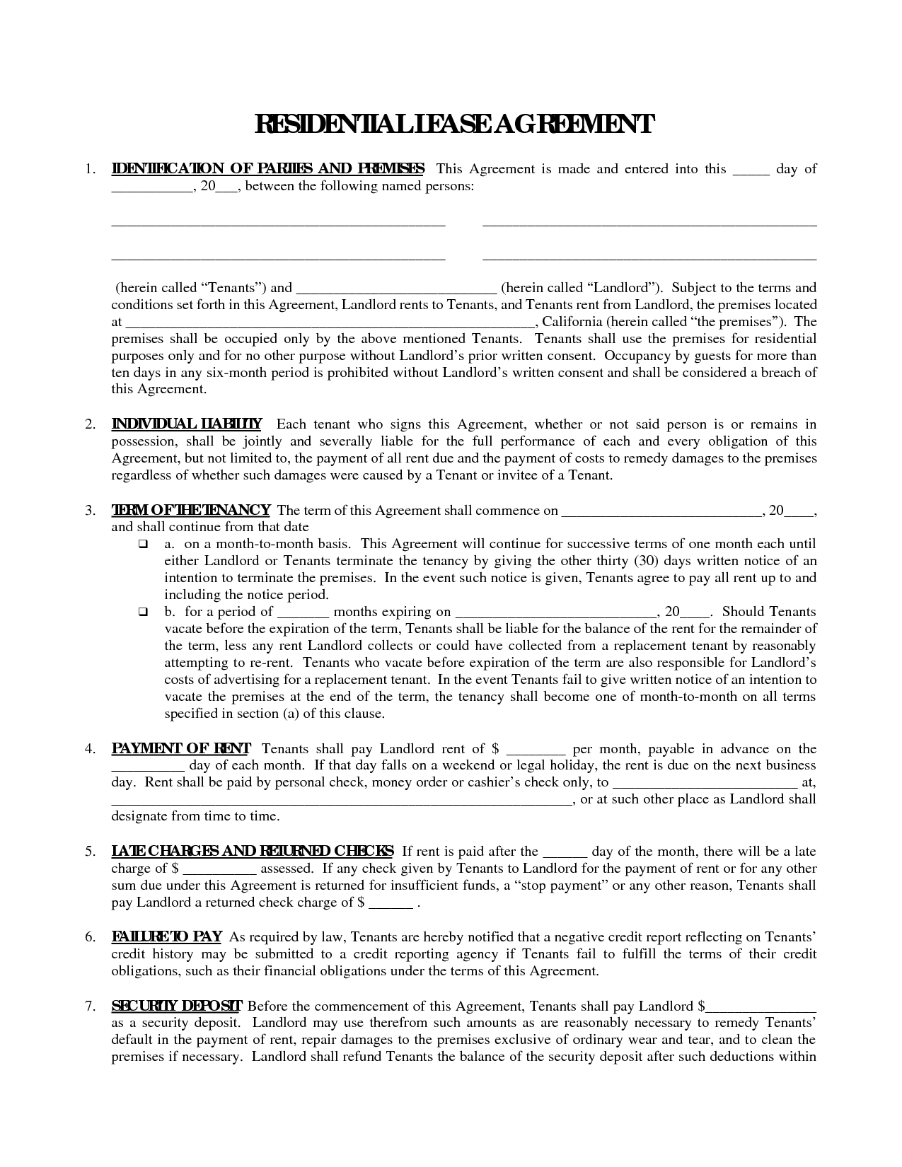 Printable Residential Free House Lease Agreement | Residential Lease - Free Printable Basic Rental Agreement