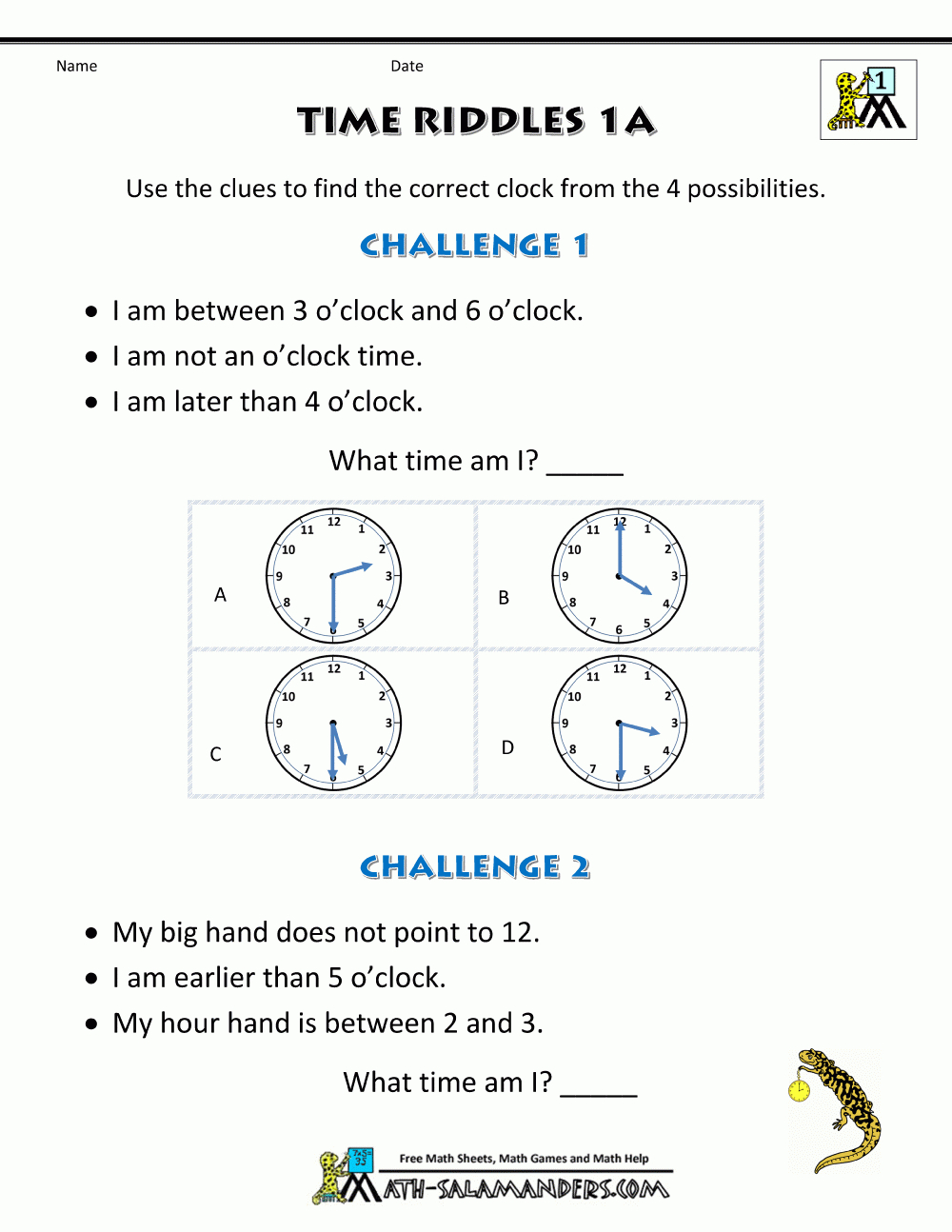 Printable Time Worksheets - Time Riddles (Easier) - Free Printable Riddles