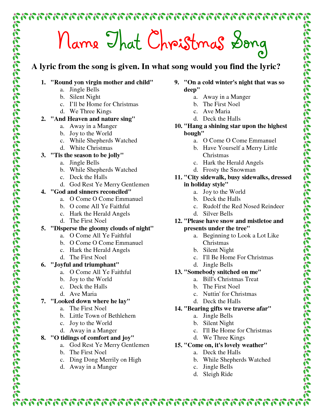 Christmas Song Lyrics Game Free Printable Free Printable