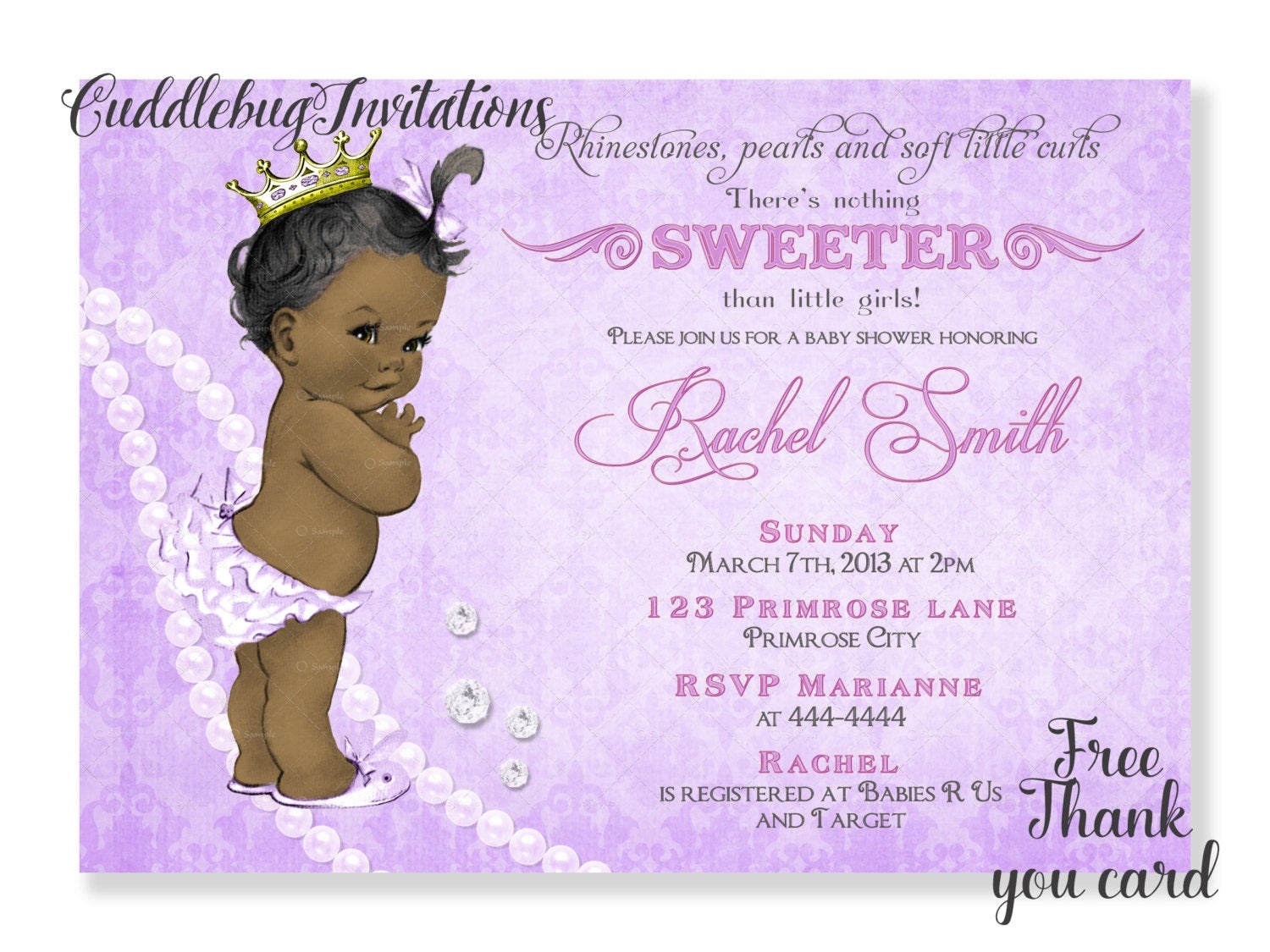 Purple African American Girl Baby Shower Invitation Purple | Etsy - Free Printable Princess Baby Shower Invitations