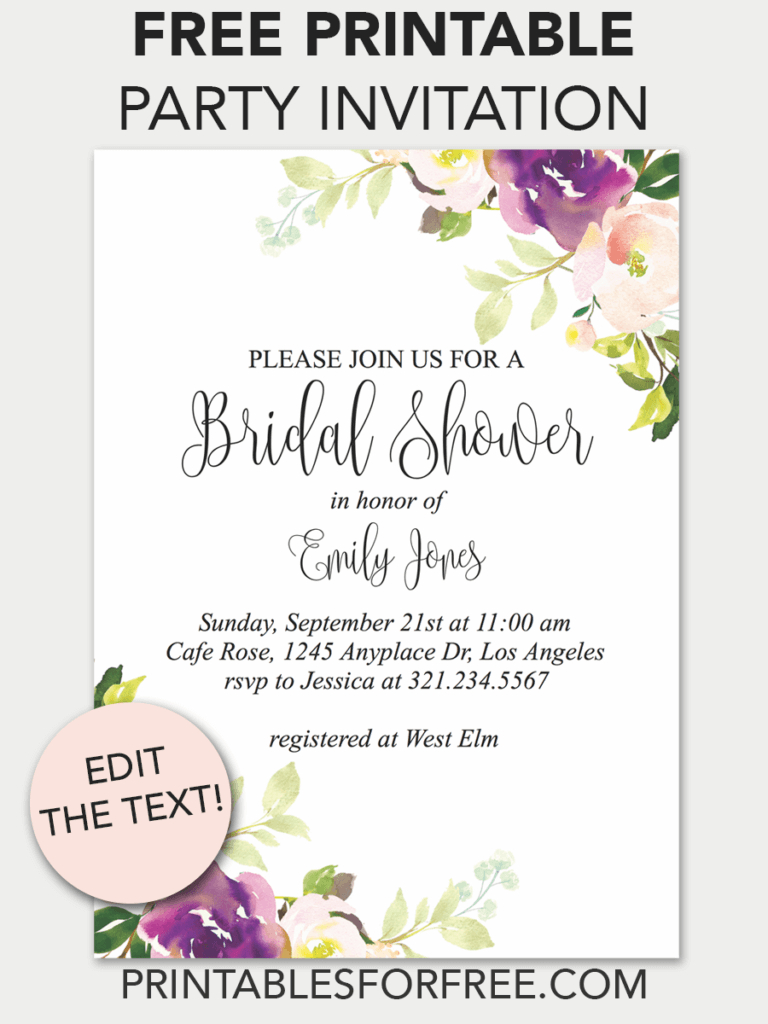 Purple Floral Printable Bridal Shower Invitation | Invitations - Free Printable Bridal Shower Invitations Templates