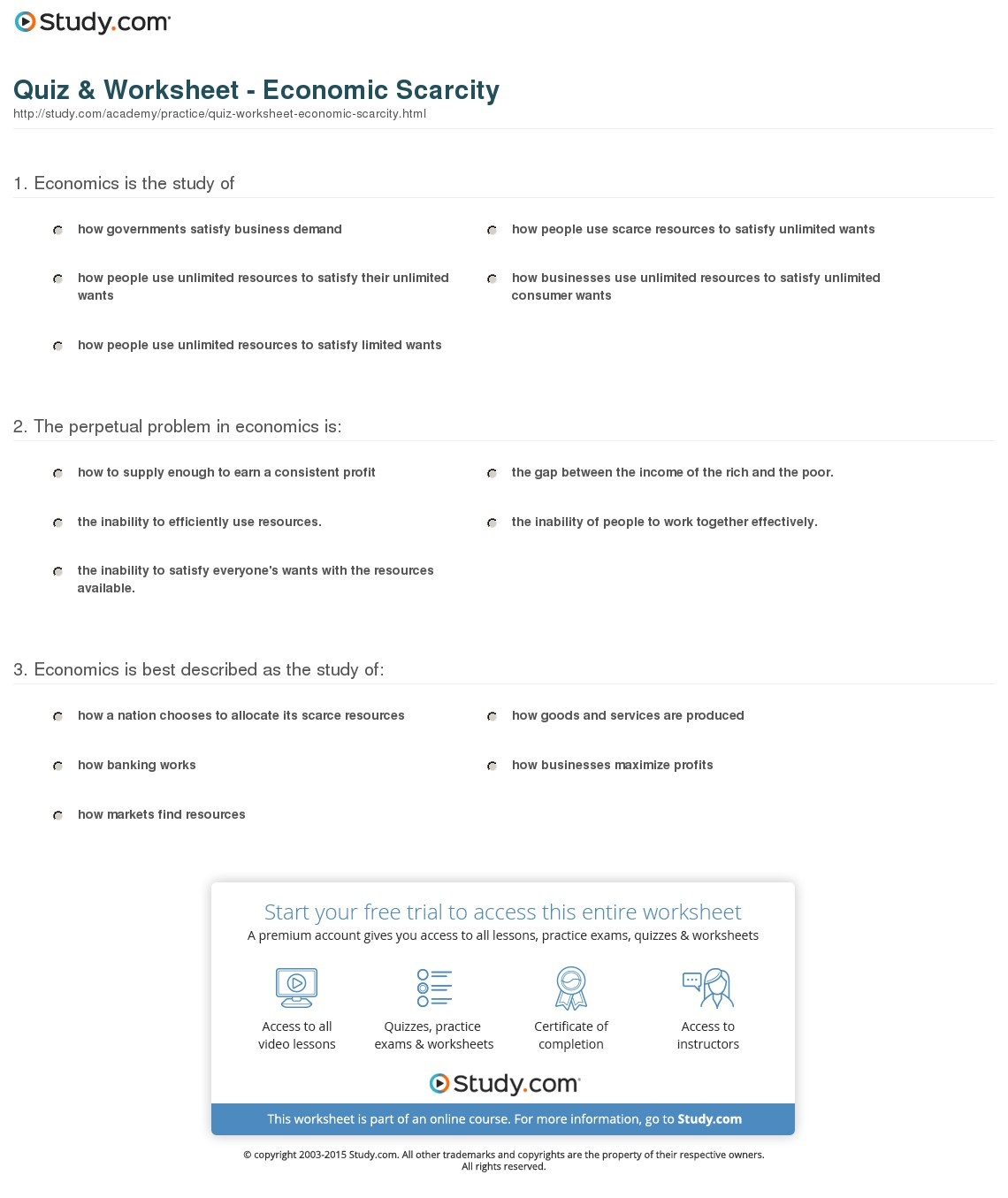 Quiz &amp;amp; Worksheet - Economic Scarcity | Study - Free Printable Economics Worksheets