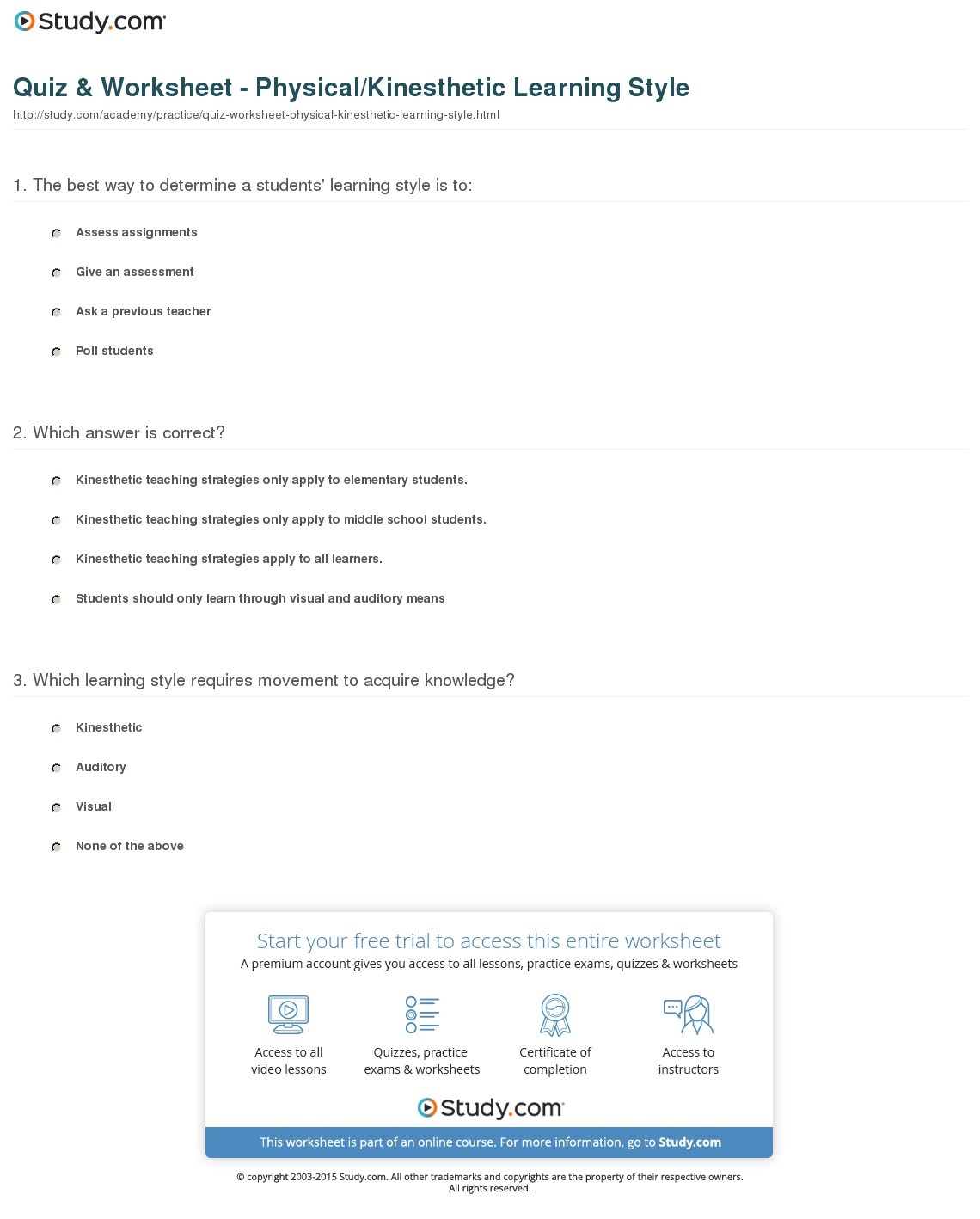 Quiz &amp;amp; Worksheet - Physical/kinesthetic Learning Style | Study - Free Printable Learning Styles Questionnaire