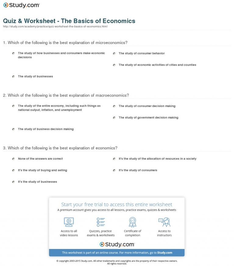 Quiz Worksheet The Basics Of Economics Study Free Printable 
