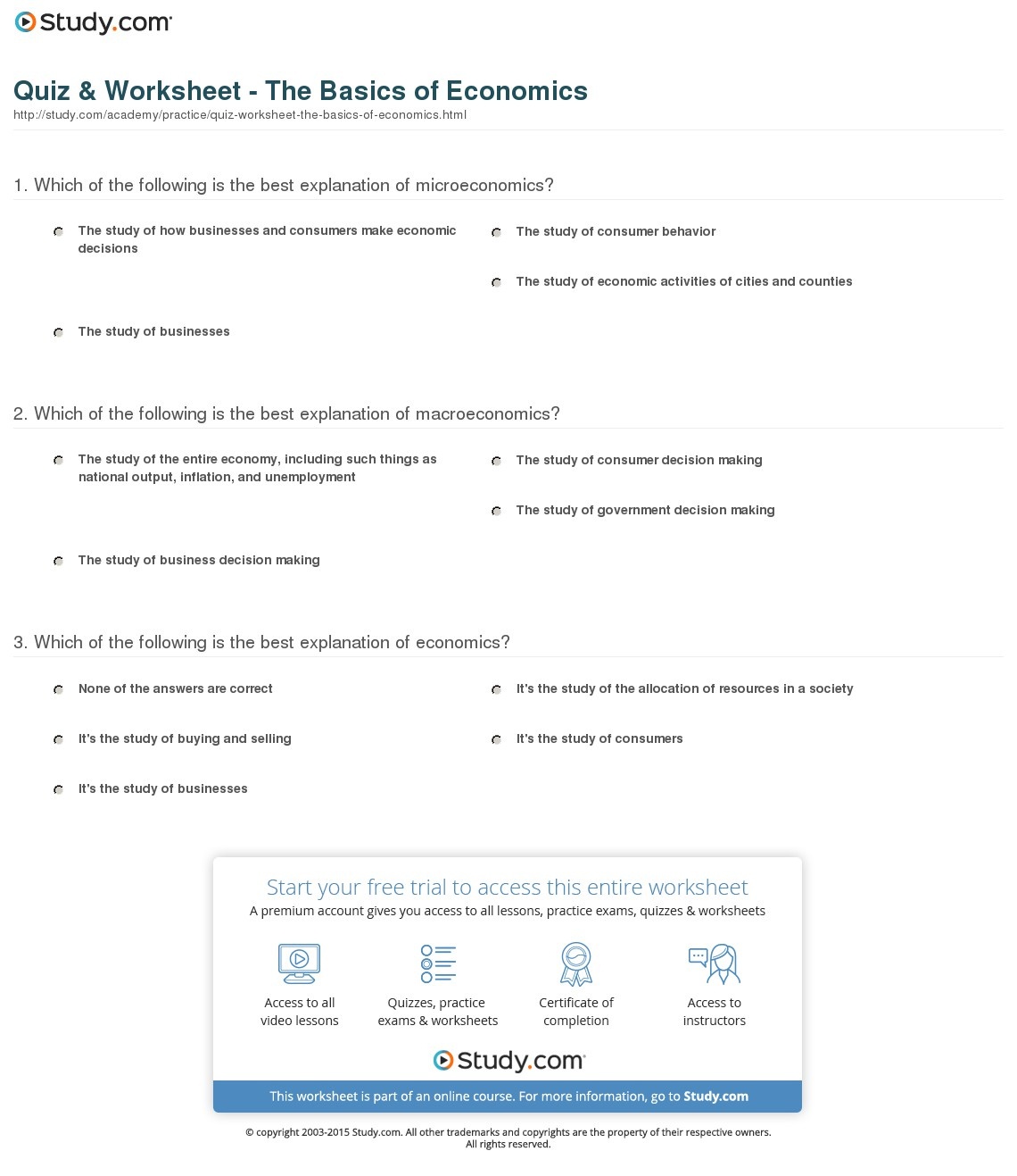 Economics Math Worksheet