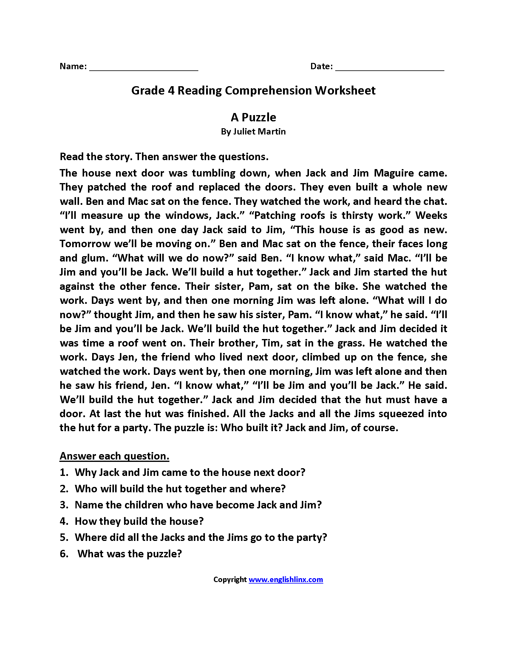 Reading Worksheets | Fourth Grade Reading Worksheets - Free Printable Short Stories For 4Th Graders