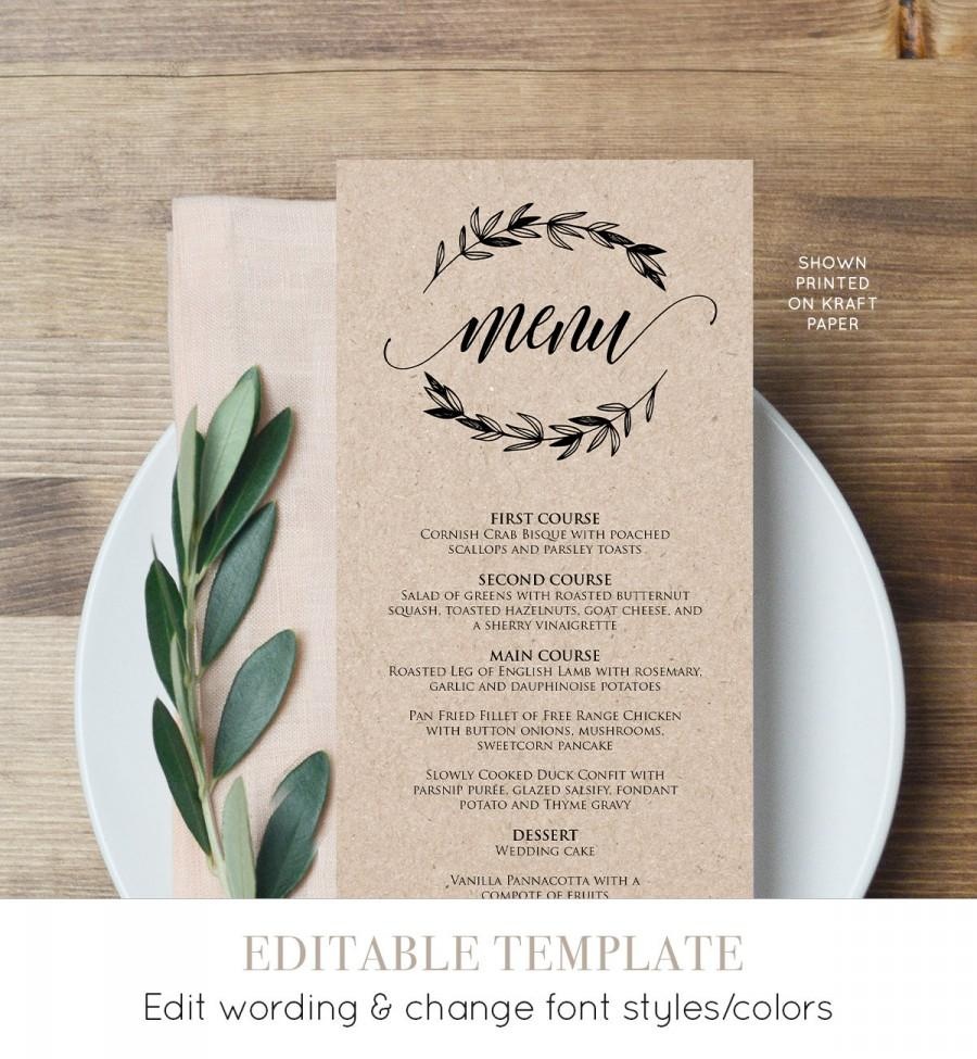 Rustic Wedding Menu Template, Printable Menu Card, Editable Text - Free Printable Wedding Menu Card Templates