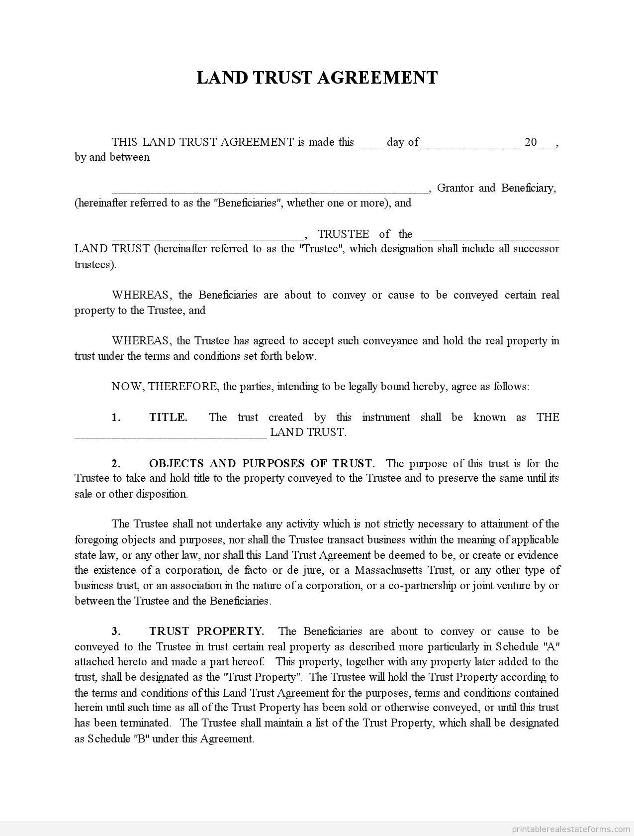 Sample Printable Land Trust Agreement Form | Printable Real Estate - Free Printable Will And Trust Forms